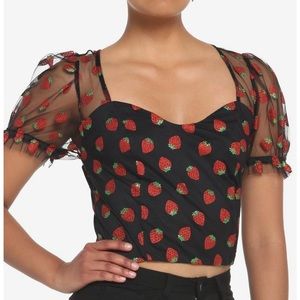 Hot Topic Black Crop Top with Strawberry Print